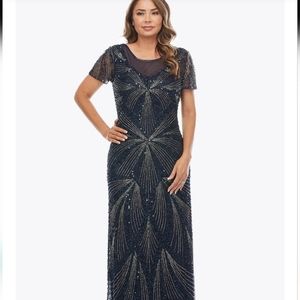 Pisarro Nights Beaded Short Sleeve Sheath Gown